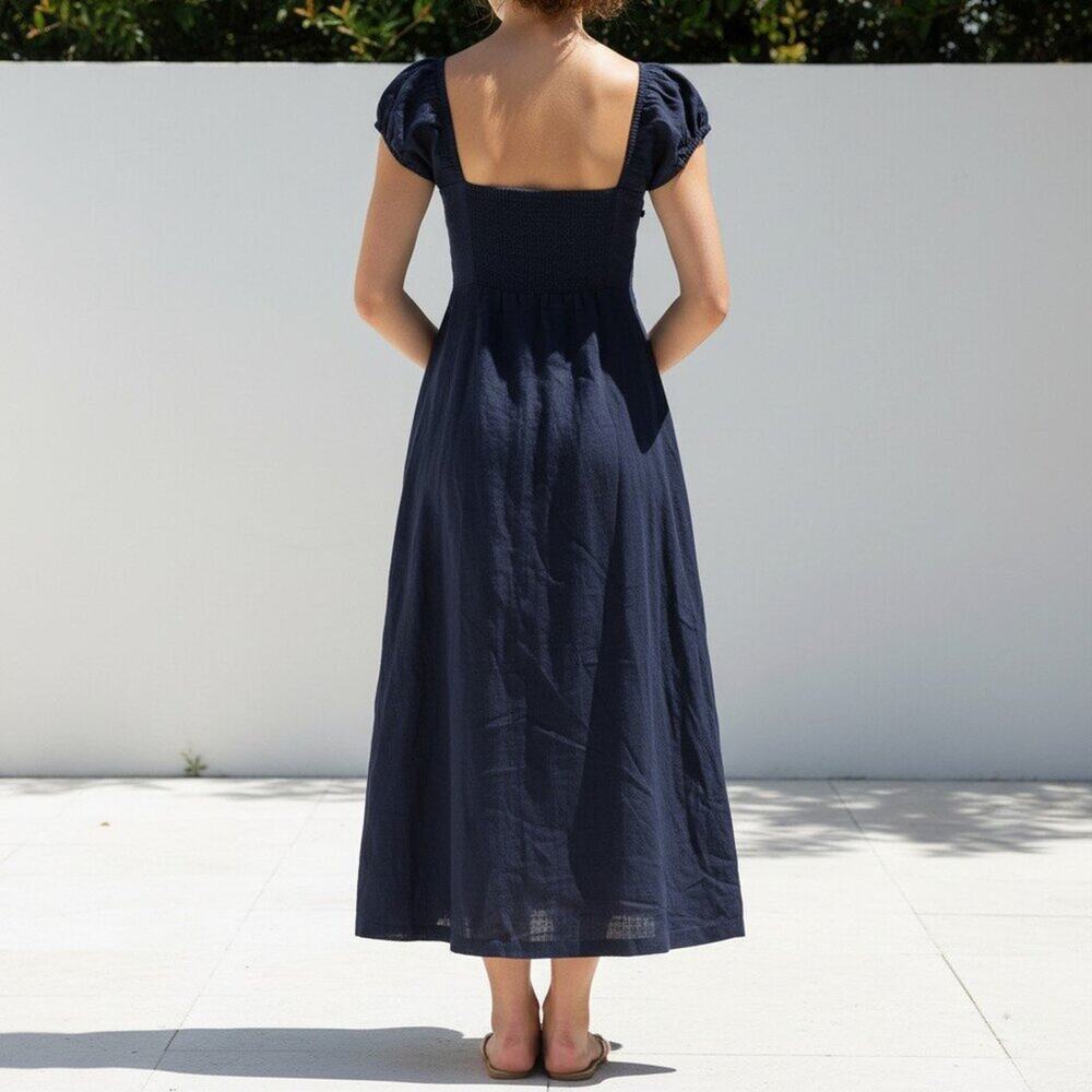 Vici Skylar + Madison Linen Maxi Dress Puff Sleeves Cutout Navy Size M NWT - Picture 2 of 13